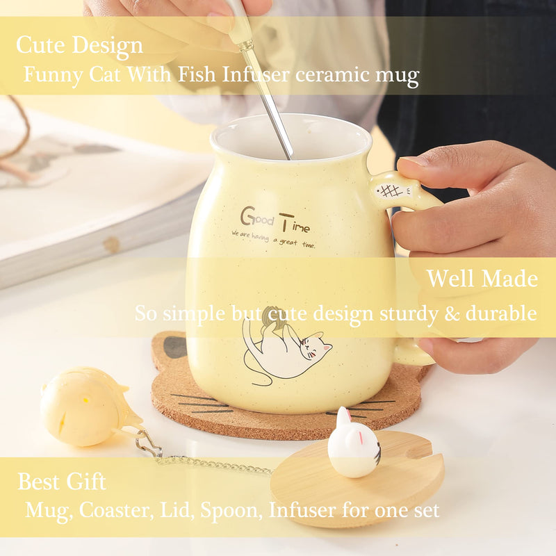 Cat Mug Cute Ceramic Coffee Cup with Lovely Kitty lid Stainless Steel Spoon,Novelty Morning Cup Tea Coffee Mug with Lid Yellow Coffee Gifts Christmas Birthday Gifts for Women Cat Lovers Presents