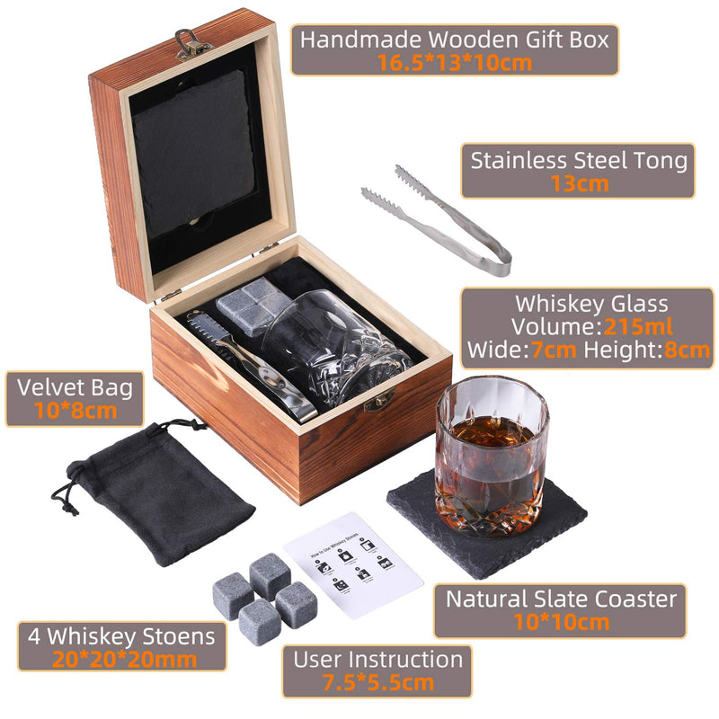 Whiskey Stones and Glass Gift Set for Men – 4 Whisky Scotch Bourbon Chilling Stones + Whiskey Rock Glass + Slate Coasters for Whiskey, Christmas/Father's Day/Birthday Gift/Present for Dad Boyfriend