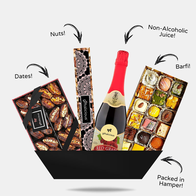 Halal Barfi Hamper Medium by Giftalicious® with Dates, Nuts and Non-Alcoholic Wine