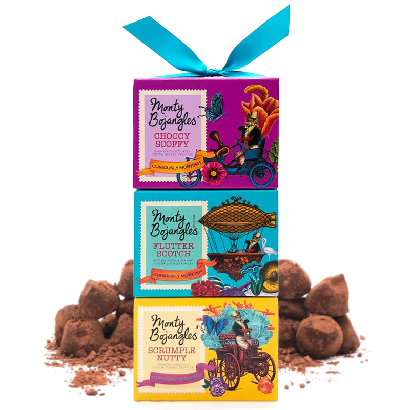 Monty Bojangles Cocoa Dusted Truffles Gift Tower (3 x 100g Pack) - 3 Luxury Chocolate Truffle Boxes - Choccy Scoffy, Scrumple Nutty & Flutter Scotch - The Perfect Chocolate Gift Box Selection - Gift Guide