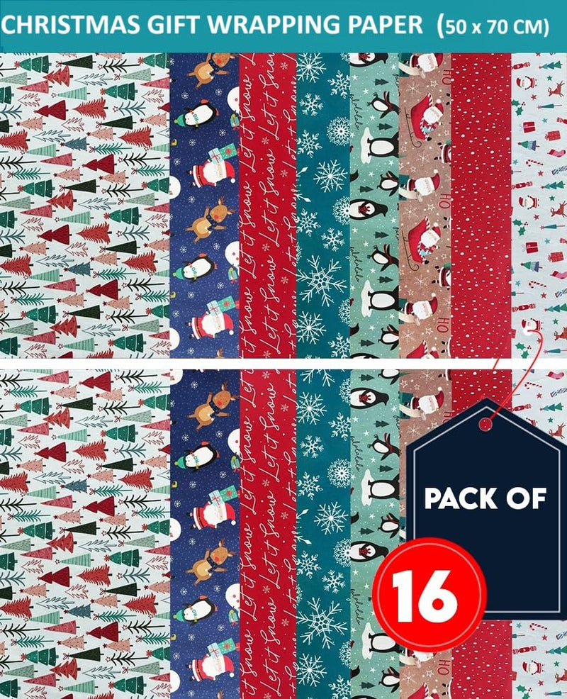 GEMS |16 Christmas Wrapping Paper 50cm x 70cm | 8 Festive Designs | Premium Quality Paper | Ideal for Xmas Birthday Christmas Party Festival Wrapping Paper | Gifts Wrapping Paper Sheets - Gift Guide