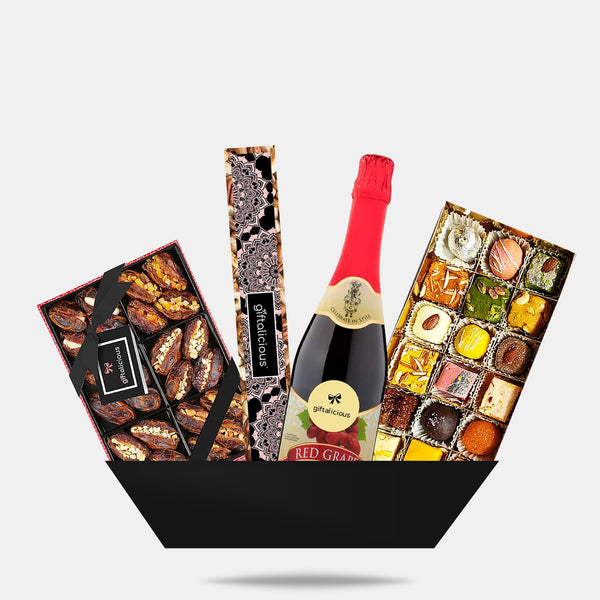 Halal Barfi Hamper Medium by Giftalicious® with Dates, Nuts and Non-Alcoholic Wine