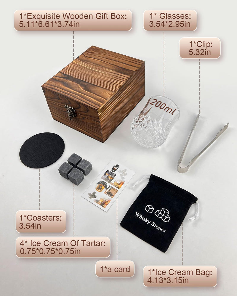 Whiskey Gift Sets for Men,Whiskey Glass Set of 1 with 4 Whisky Stones 1 Crystal Whisky Glasses in Wooden Box Whisky Gift Set Christmas/Birthday Presents Gifts for Men Boyfriend Dad Father