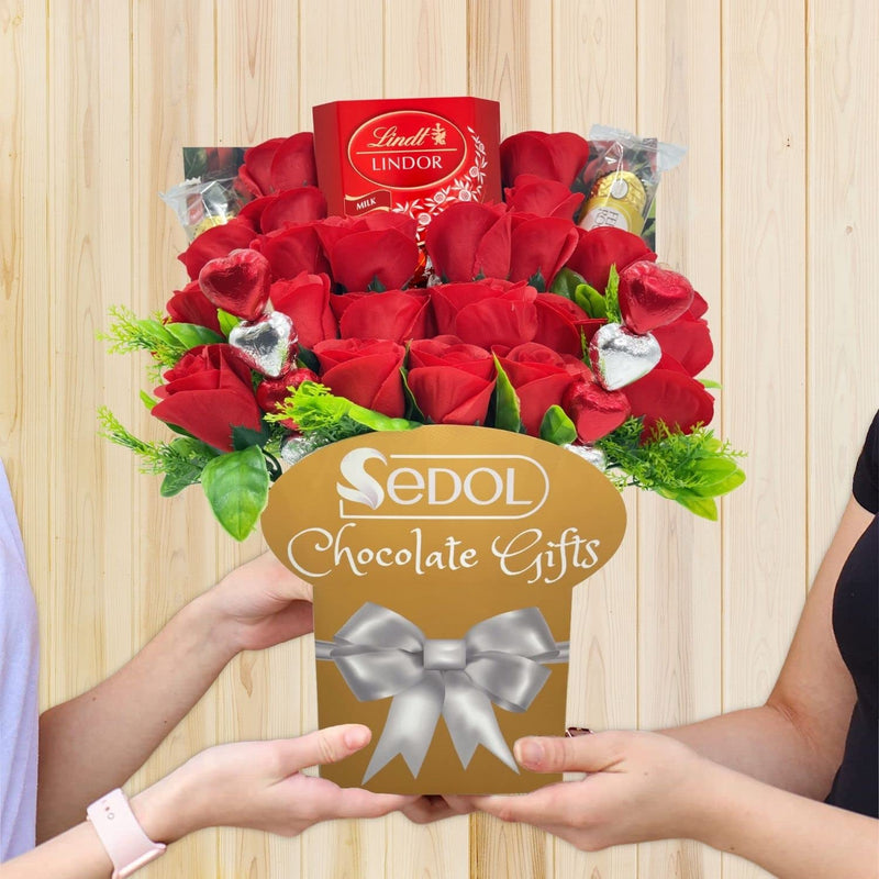 Chocolate Bouquet Gift Set Hamper with Lindor Truffles Chocolate, Heart Chocolates, Red Roses -Teachers Gifts, Birthday, Anniversary Chocolate Gift Bouquet for Her (Lindt Milk Chocolate)