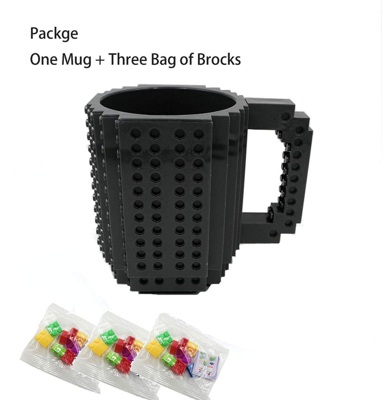 Build-On Brick Coffee Mug, Funny Cup with DIY Creative Building Blocks Xmas Present, Novelty Christmas Santa Birthday Gifts for Kids Women Men with 3 Bags Accessories (Black)