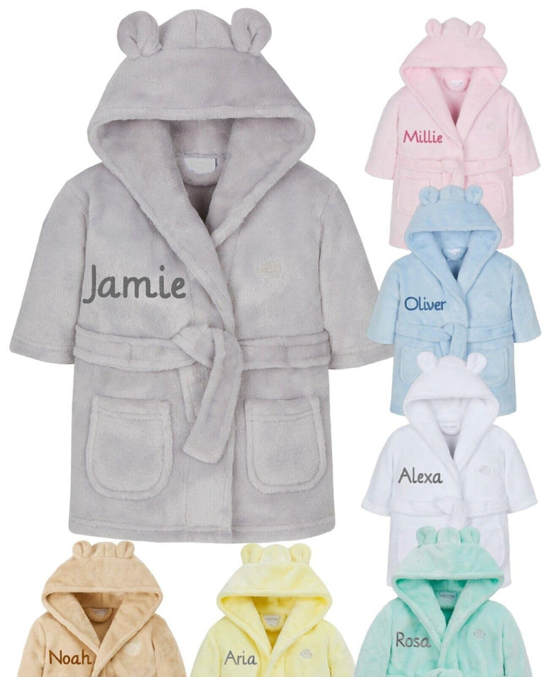 Gembroidery Personalised Baby Bathrobe Hooded Fleece Dressing Gown Super Soft Gifts Bath Robe For Boys Girls Cute Teddy Ears (0-6 Grey) - Gift Guide