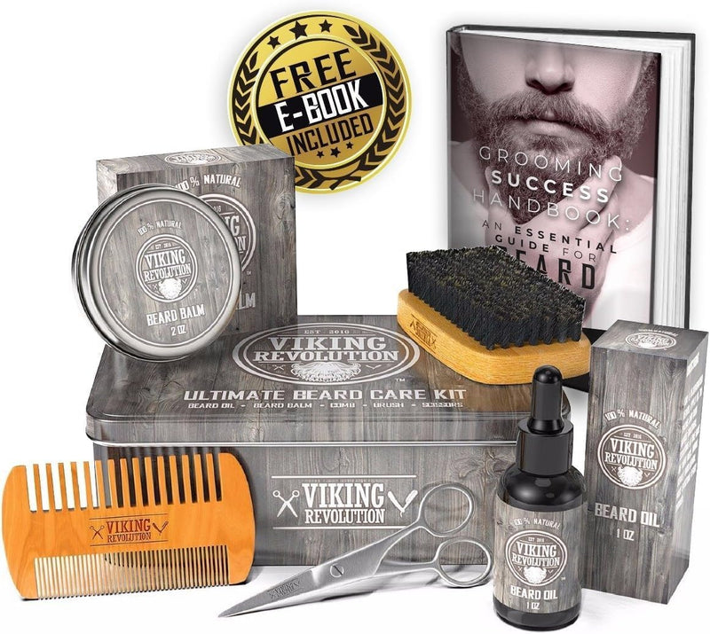 Viking Revolution - Beard Grooming Kit for Men - Ultimate Beard Kit with 100% Boar Beard Brush, Beard Comb, Citrus Beard Balm, Unscented Beard Oil & More - Christmas Gifts for Him - Gifts for Men