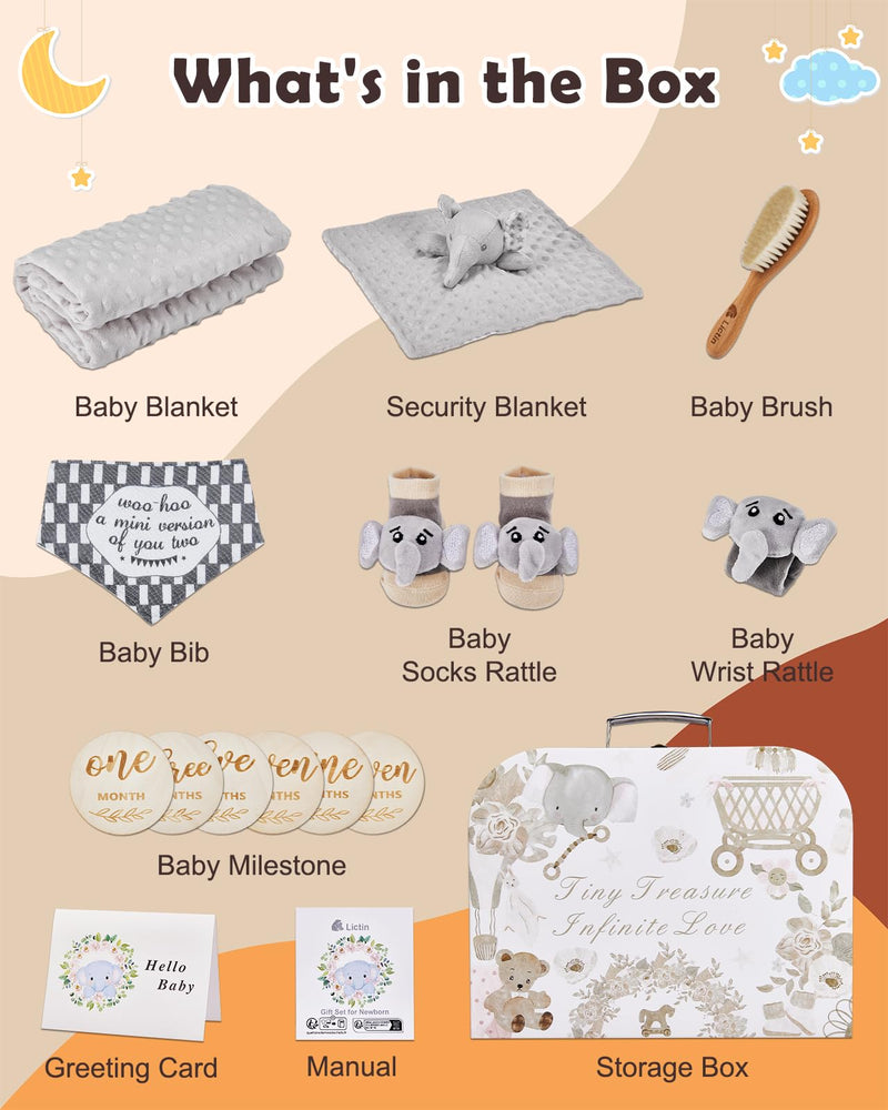 Lictin Baby Gift Set for Boys Girls, 14PCS Baby Shower Gifts, Neutral Newborn Gifts Basket with Baby Blanket, Wooden Monthly Milestone Cards, Elephant Security Blanket (Grey, 14pcs) - Gift Guide