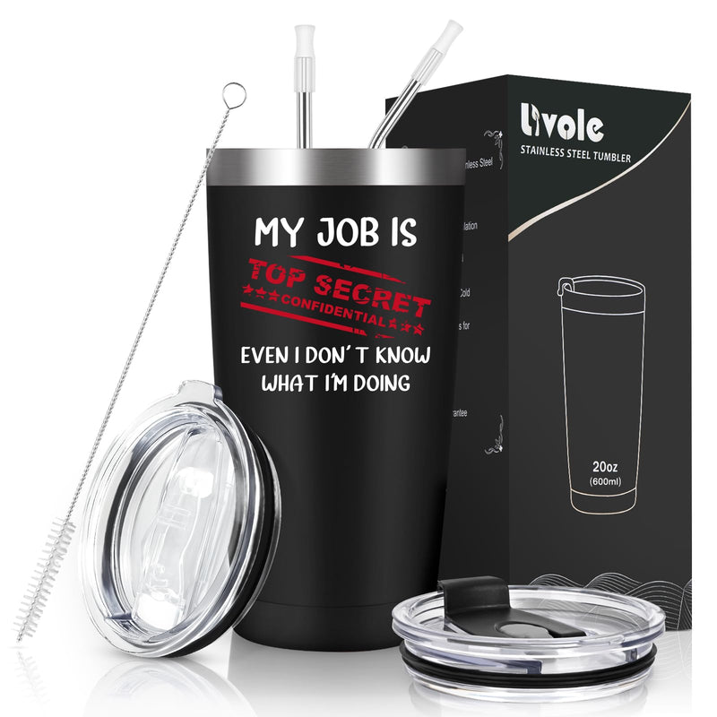 Livole Christmas Gifts for Men, Him, Colleagues, Funny Mugs for Work Colleagues, Novelty Friends Gifts, My Job is Top Secret, 600ml Coffee Cup Travel, 20oz Wine Tumbler with Straw and 2 Lids