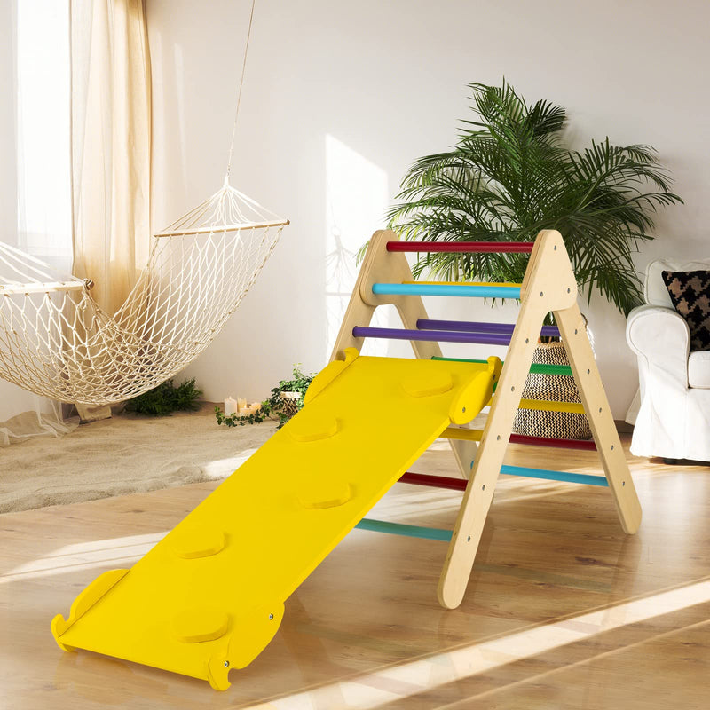 COSTWAY Toddler Climbing Frame, Kids Wooden Montessori Triangle Climber with Double Sided Ramp, Indoor Play Gym for Boys Girls (Multicolor)