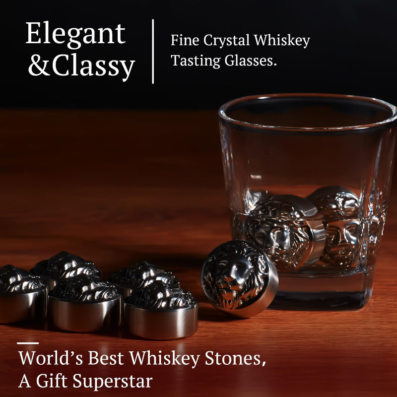 bestyks Whiskey Glasses Set with 8 lion head whiskey ice cubes, 2 whisky glasses, whiskey gifts for men - whiskey accessories set - whiskey stones - creative birthday gift for dad, boyfriend