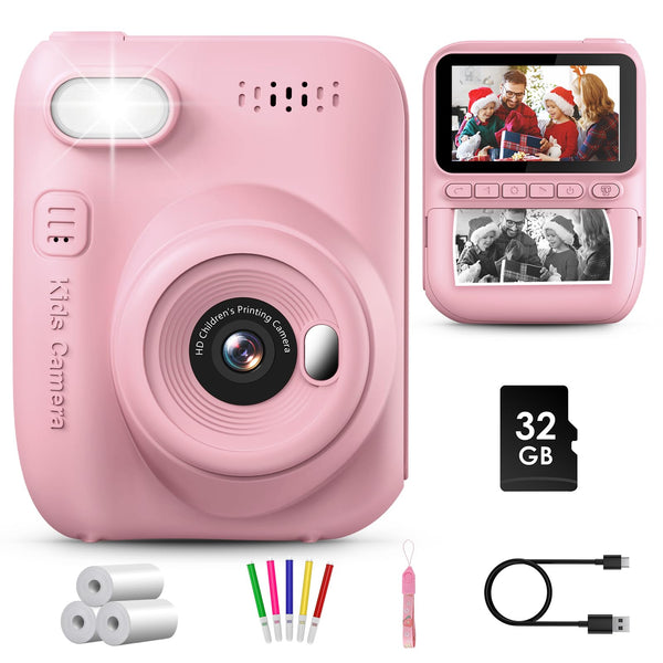 GREENKINDER Kids Camera Instant Print, 3.0'' Large Screen Instant Camera for Kids, 1080P Kids Digital Camera with 32GB Card & 3 Rolls Print Paper, Gift Toy Selfie Kids Camera for Girls Age 3-12, Pink - Gift Guide