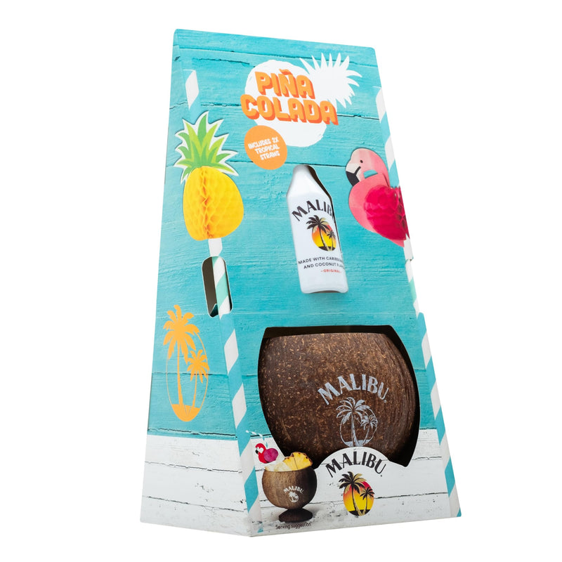 Malibu Rum Gift Set - 5cl Malibu Coconut Rum, Real Coconut Cup & 2x Cocktail Straws - Cocktail Rum Gifts for Men, Alcohol Gifts for Women, Christmas - 2023 Version