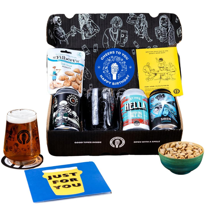 Premium Happy Birthday Craft Beer Gift Pack - 3x330ml Craft Beer Cans Including IPA and other Pale Ales, Bespoke Branded Glass, Delicious Mr.Filberts Snack and Tasting Notes - Birthday Beer For Men