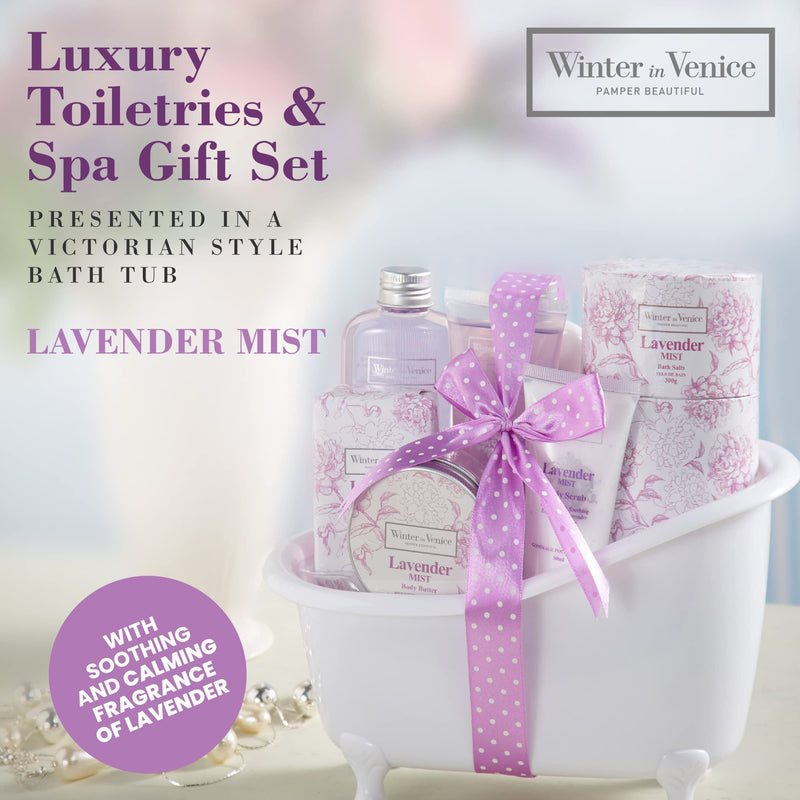 Winter in Venice Lavender Mist Tub Bath Gift Set, Pamper Gifts for Woman with Body Lotion, Shower Gel, Bath Soak, Body Butter, Bath Salts, Soap & Body Scrub, Bath Gift Sets for Women