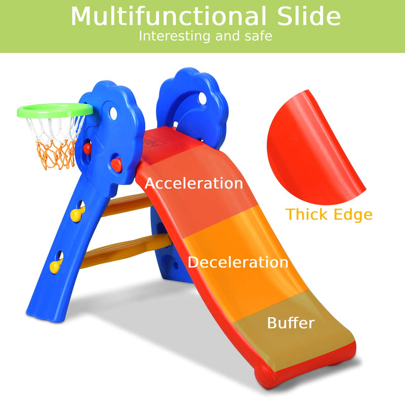 COSTWAY Folding First Slide for Kids | Toddlers | Children, Foldable for Easy Storage, Primary Climb Toy, Safety Plastic, Use for Indoor Outdoor Garden Playground (Slide with Basketball Hoop)
