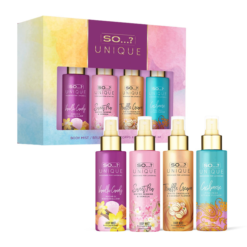 So…? Unique Mini Mist Womens Gift Set with Vanilla Candy, Sweet Pea, Truffle Cream, & Cashmere, Body Mist Fragrance Spray Set (4 x 50ml.)