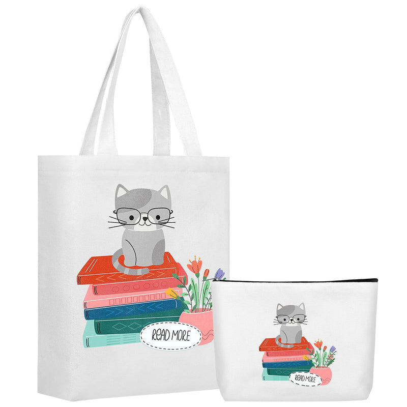 HAOWANWW 2 Pcs Canvas Book Tote Bags Book Lovers Gift for Women Reading Makeup Canvas Bag Book Club Gift Librarian Bookish Gift Bookworm Gift with Metal Zipper Bookshelf Tote Bag for Teacher Adults
