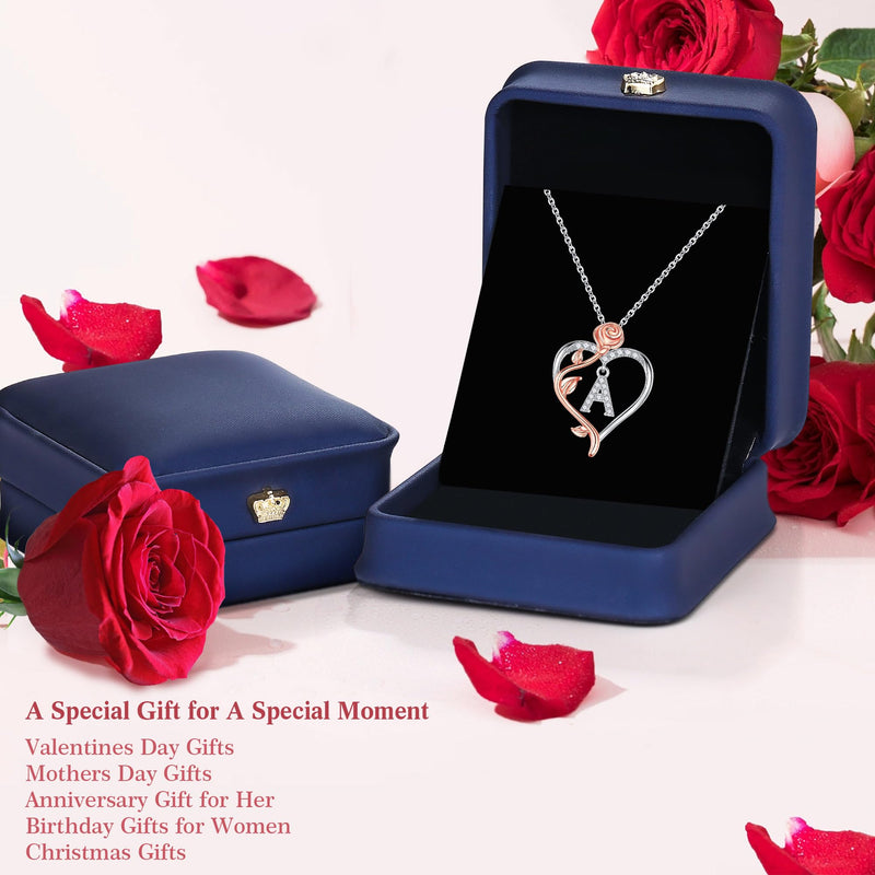 TINGN Gifts for Women Wife Her - 925 Sterling Silver Rose Heart Pendant Necklace Initial P Letter Jewellery Valentines Anniversary Birthday Gifts for Her Wife Girlfriend Mum Women