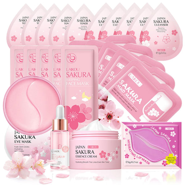 Skin Care Sets & Kits, Sakura Skin Care For Teenage Girls,Pamper Sets For Women Gifts,Facial Kit, Skincare Set,Cream,Serum,Toner,Cleanser,Eye Mask,Sleep Mask,Mud Mask,Lip Mask(24PCS)