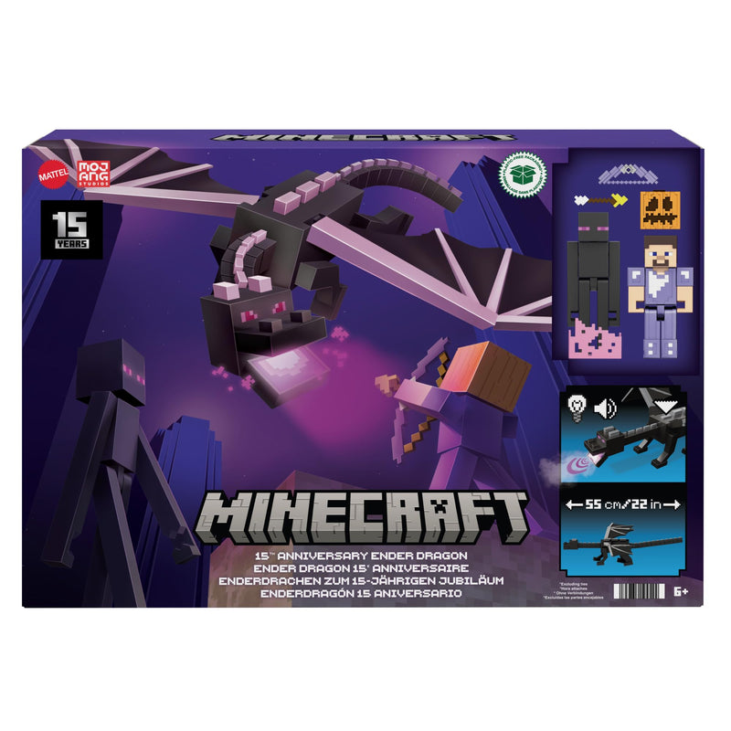 Mattel Minecraft Ender Dragon Action Figures Set, Lights, Sounds & Mist with Steve & Enderman 3.25-in Scale Figures, HTN25