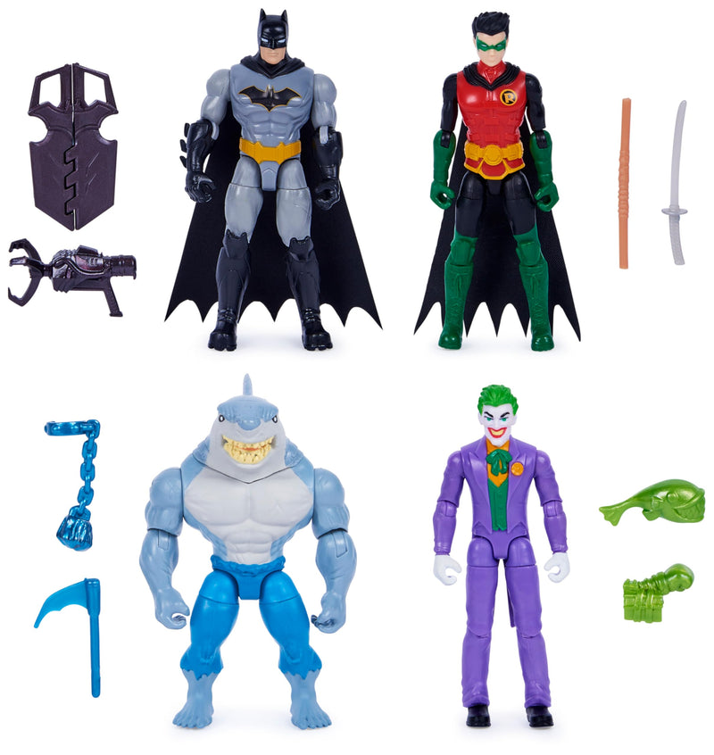 DC Comics, Batman and Robin vs. The Joker and King Shark, 4-inch Action Figures, Kids Toys for Boys and Girls Ages 3 and Up