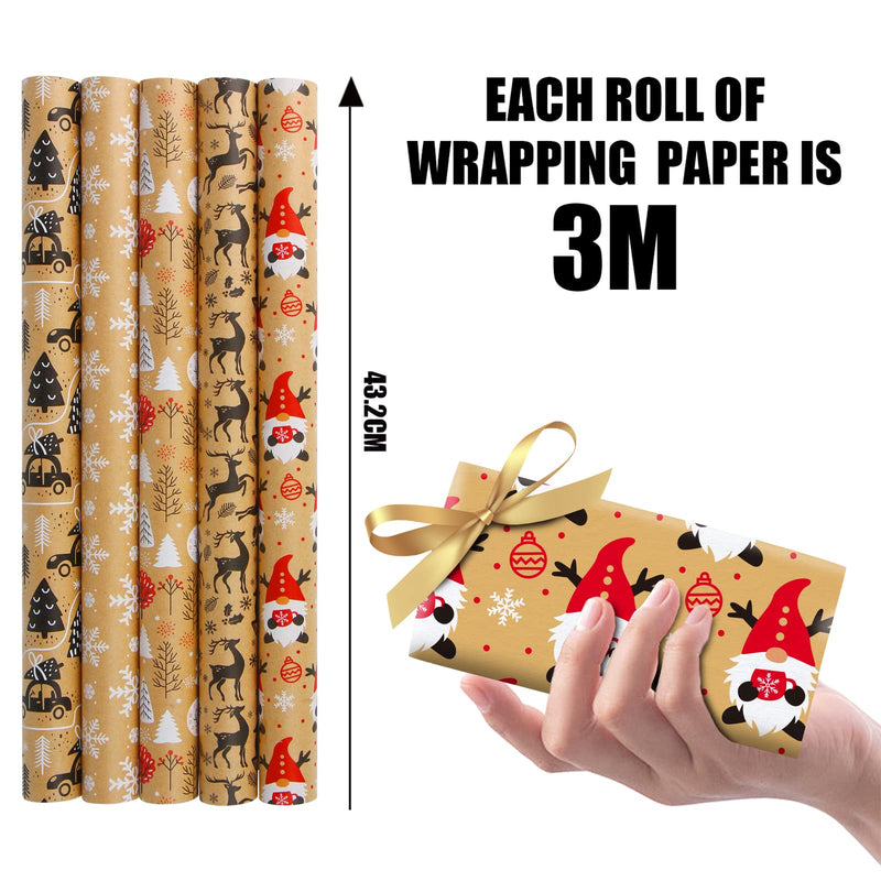 VEYLIN Christmas Wrapping Paper - Kraft Paper - 5 X 3M Xmas Wrapping Paper Rolls for Gift Boxes Festival Decoration (43.2cm x 15M) - Gift Guide