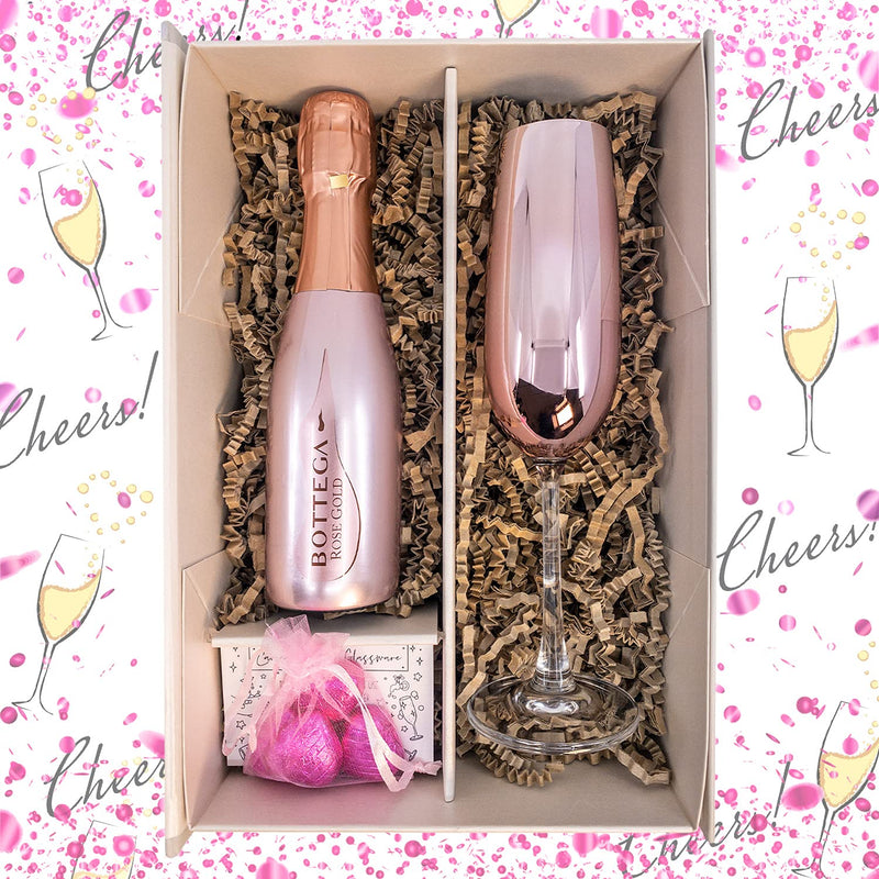 Bottega Rose Gold Spumante Sparkling Wine 20cl Gift Set Hamper With Matching Pink Champagne Flute And Chocolates - Fully Gift Boxed Pink Fizz Gifts For Wine Lovers (Metallic Top)