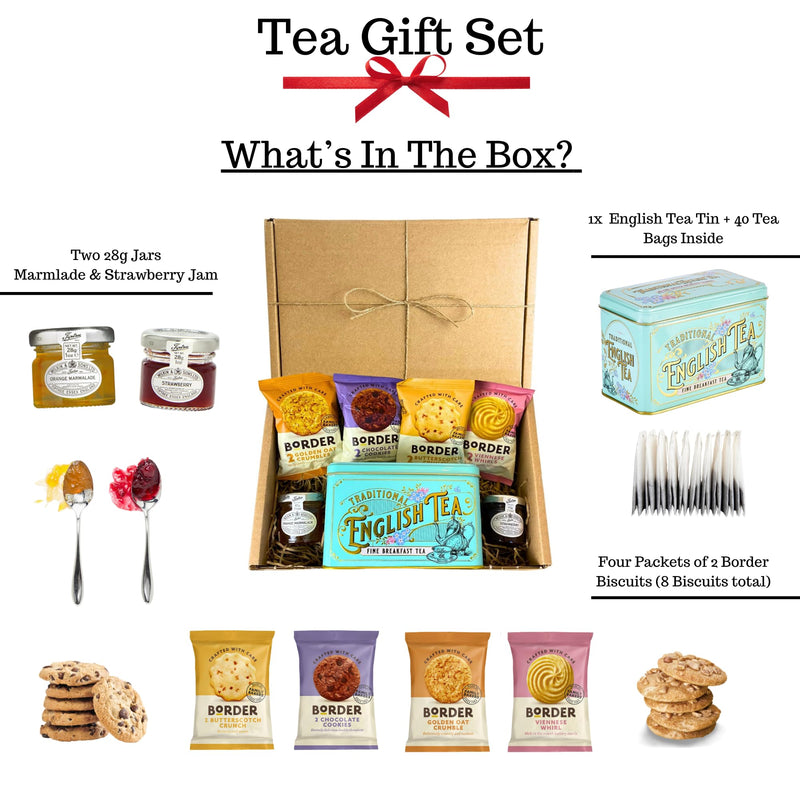 Tea Gift Set Hamper Biscuits and Tea Hamper Afternoon Including New English Teas Teabags, Strawberry Jam & Orange Marmalade With Luxury Snacks - Great British Gifts - Gift Guide