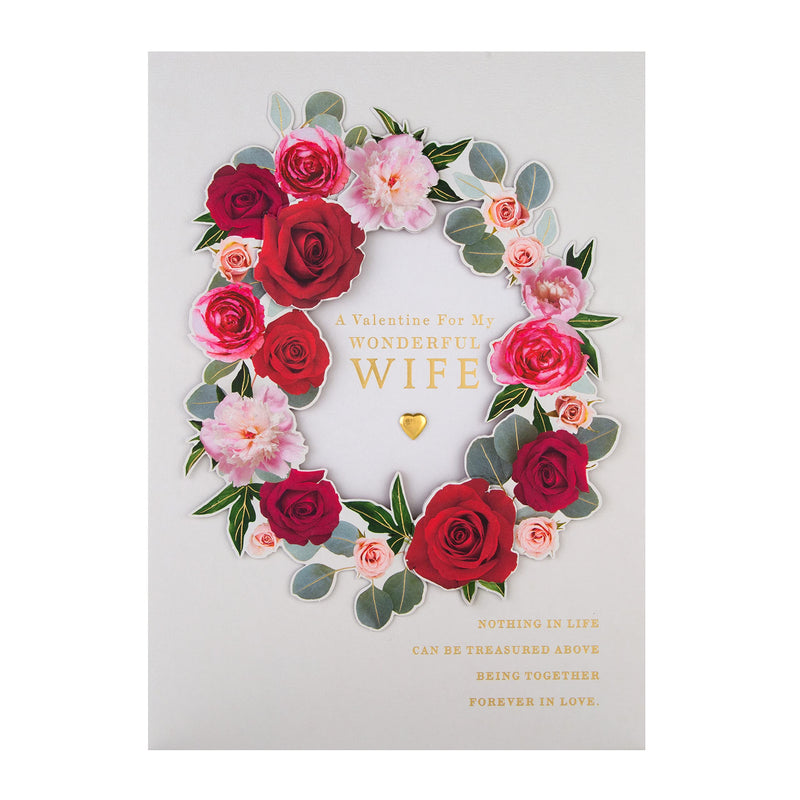 Hallmark Wife Valentines Card, Luxury Valentines Card, Traditional Floral Wreath Design, Boxed Valentines Day Card, White, Red