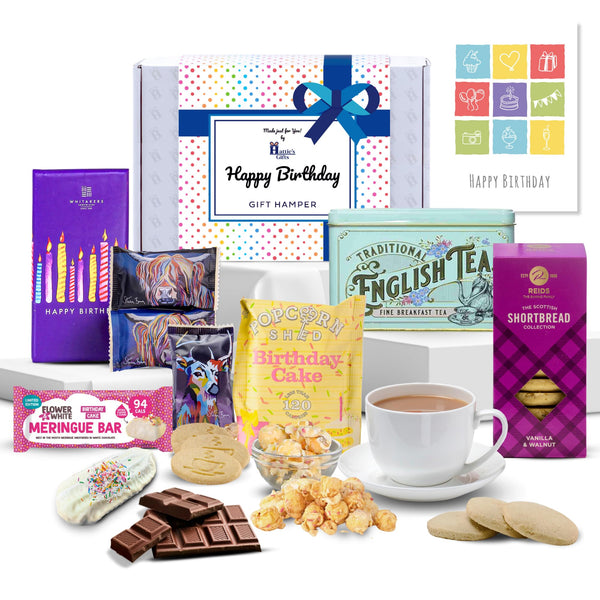 Hattie's Gifts Birthday Gifts for Men - Vintage Victorian Afternoon Tea Hamper with Biscuits, Meringue Birthday Cake, Happy Birthday Chocolate, Gourmet Popcorn, & Birthday Card - Gift Guide