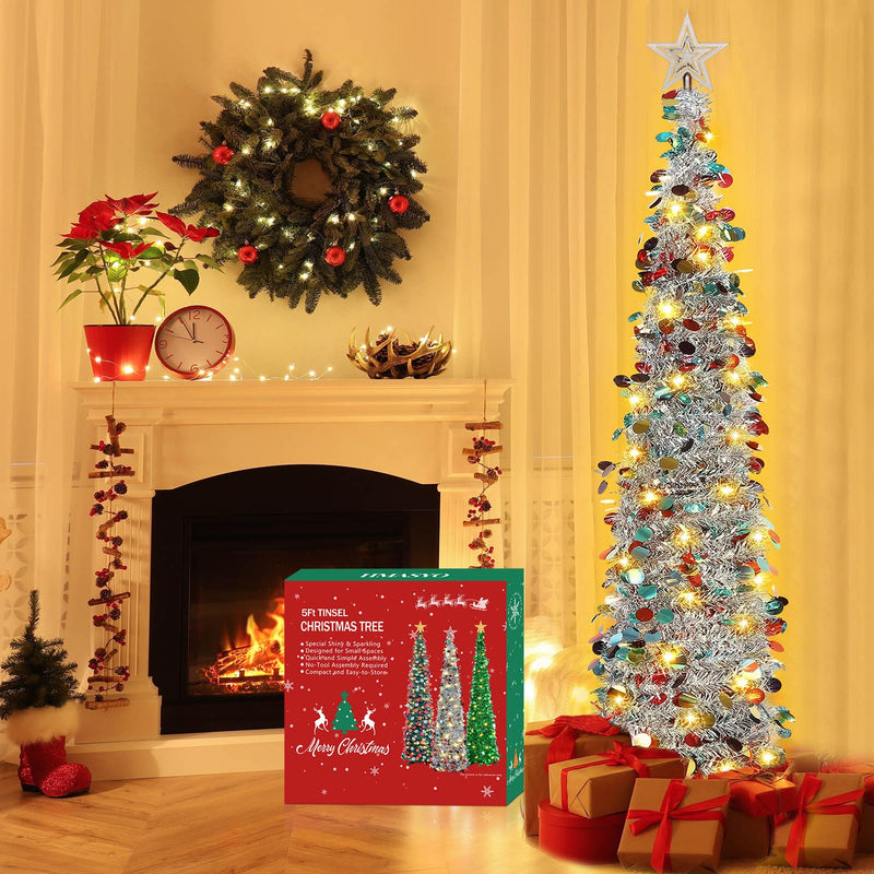 HMASYO 5FT Pop Up Christmas Tree with Timer 50 Lights, Tinsel Christmas Tree, Collapsible Artificial Pencil Tree Xmas Decoration for Indoor Home Apartment Porch Party, Easy Assembly - Gift Guide