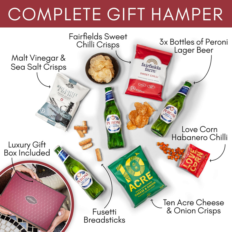 Beer and Pub Snacks Hamper - Gift Hamper with Peroni Lager, Pub Snacks, Crisps, Breadsticks & Corn Kernels – Gift for Dad, Best Dad Hamper, Beer Hamper for Men - Hay Hampers