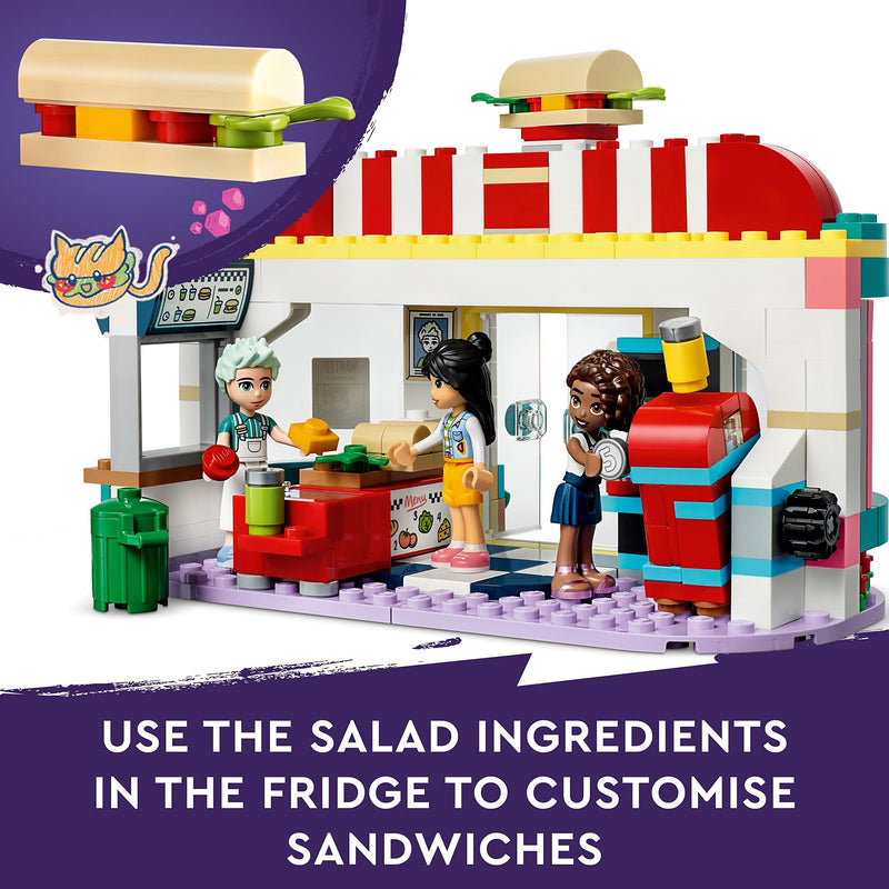 LEGO Friends Heartlake Downtown Diner Restaurant Playset, Toy for Kids Aged 6 Plus, Birthday Gift Idea with Liann, Aliya and Charli Mini-Dolls, 2023 Series Characters 41728