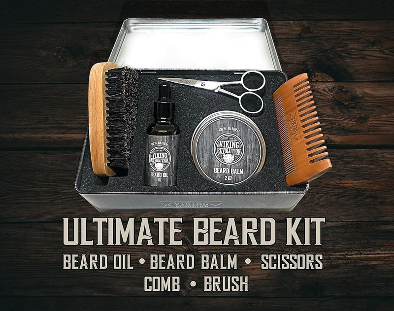 Viking Revolution - Beard Grooming Kit for Men - Ultimate Beard Kit with 100% Boar Beard Brush, Beard Comb, Citrus Beard Balm, Unscented Beard Oil & More - Christmas Gifts for Him - Gifts for Men