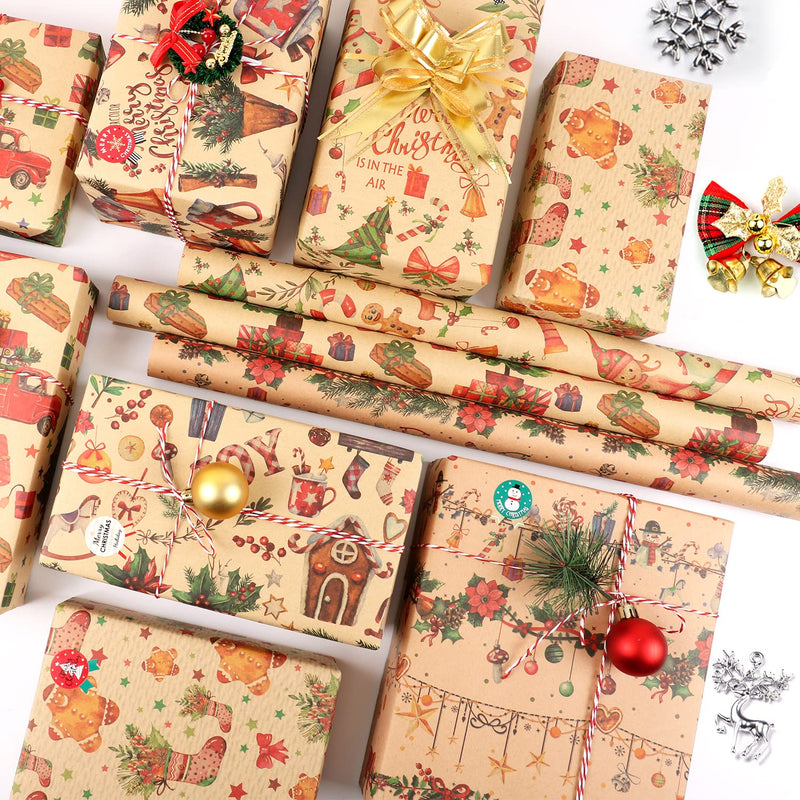 Christmas Wrapping Paper, 8 Sheets Cute Kraft Xmas Wrapping Paper Set with Tags Stickers and Paper Rope, Christmas Wrapping Papers for Gifts Arts Crafts Decorations, 50x70CM - Gift Guide
