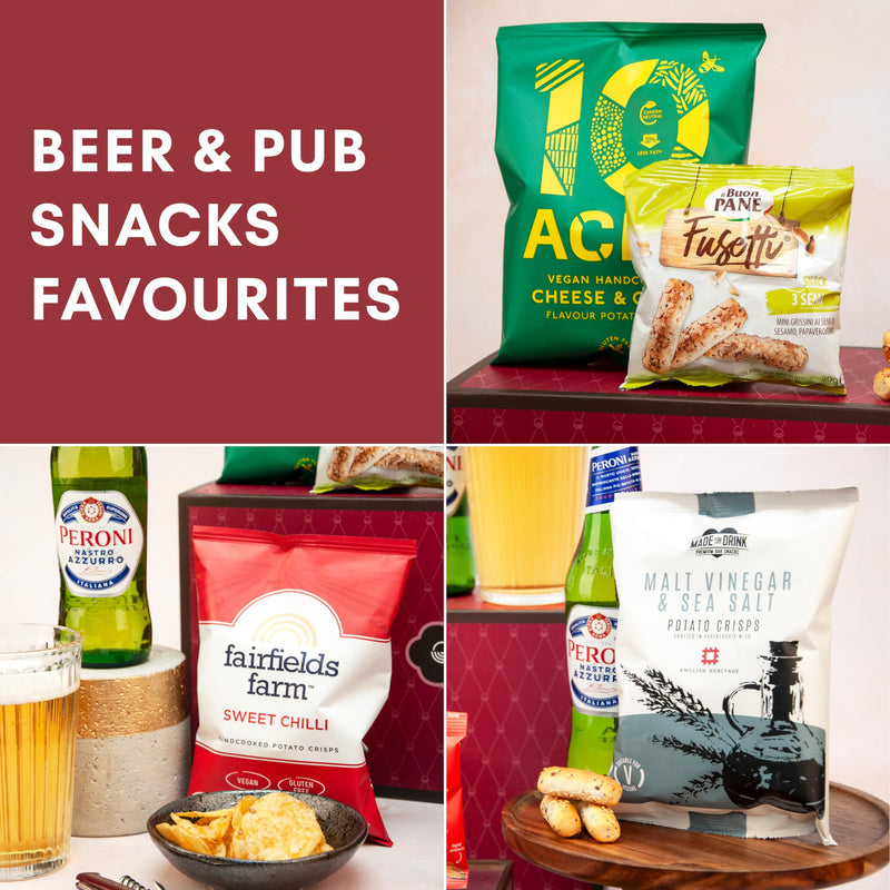 Beer and Pub Snacks Hamper - Gift Hamper with Peroni Lager, Pub Snacks, Crisps, Breadsticks & Corn Kernels – Gift for Dad, Best Dad Hamper, Beer Hamper for Men - Hay Hampers