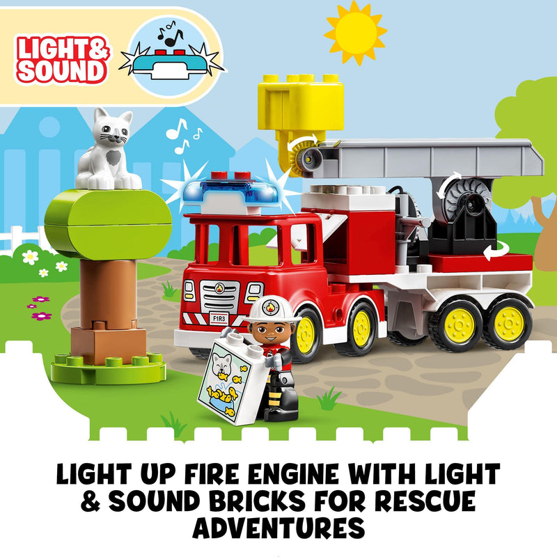 LEGO DUPLO Town Fire Engine Toy for Toddlers, Boys and Girls 2 Plus Years Old, Truck with Lights and Siren, Firefighter & Cat Figures, Educational Learning Toys 10969