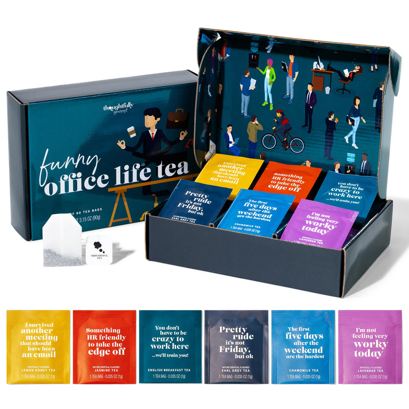 Thoughtfully Gourmet, Office Life Tea Gift Set, Tea Sampler Includes 6 Flavours of Tea with Funny Quotes, Great Office Gifts for Coworkers, Set of 90 - Gift Guide