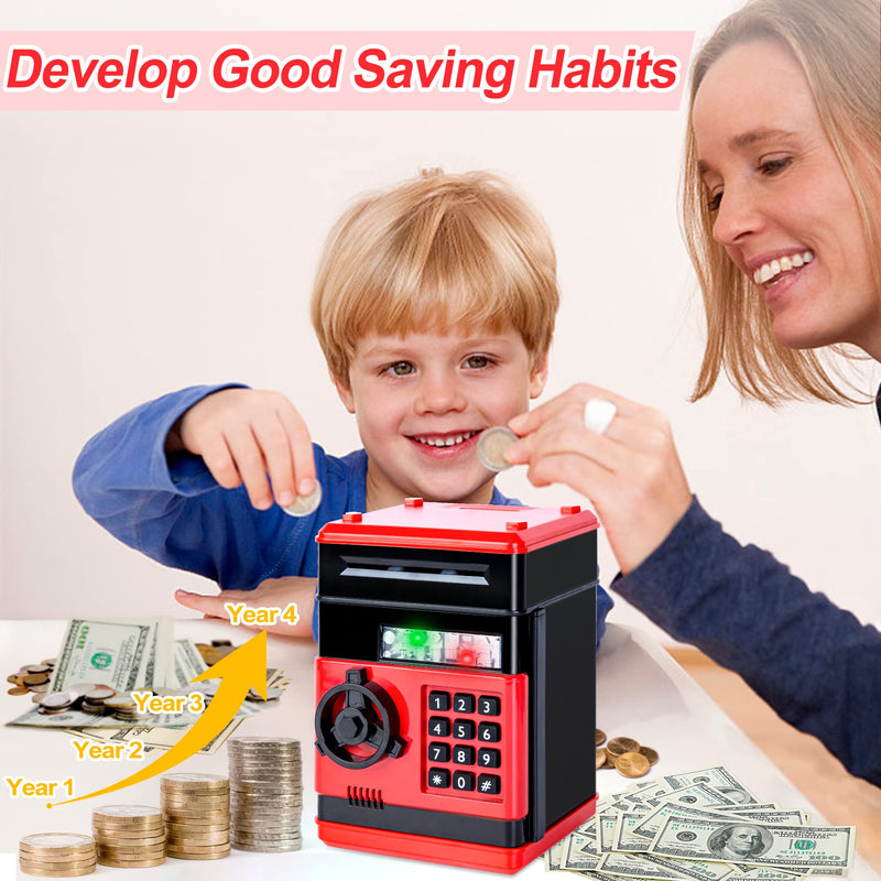 Highttoy Piggy Bank for Kids, Electronic Money Box for Kids ATM Savings Bank Password Safe Birthday Gifts for 3-12 Year Old Boys Girls Cash Coin Saving Bank for Kids Red - Gift Guide