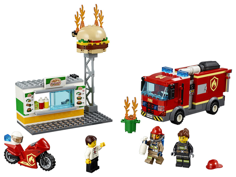 LEGO 60214 City Burger Bar Fire Rescue Set with Truck and Motorbike Toy Vehicles and Firefighter Minifigure, Gifts for 5 Plus Years Old Boys & Girls