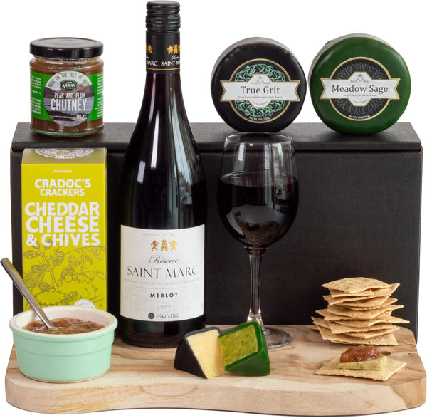 InterHamper | Wine and Cheese Hamper - Includes a hand picked bottle of Award Winning Merlot, a duo of Cheese Truckles, Pear and Plum Chutney and Crackers all presented in a Gift Box