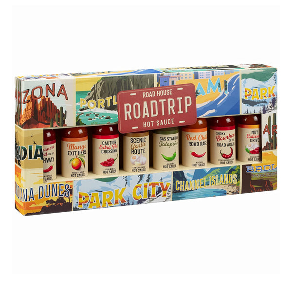 Hot Sauce Gift Set for Mens Gifts - Road Trip Chilli Hot Sauce Set of 8 Street Food Sauce Bottle Heat Pack with Topline Card. Christmas Gifts, Stocking Fillers, BBQ Hot Dogs, Birthday Gifts for Women - Gift Guide