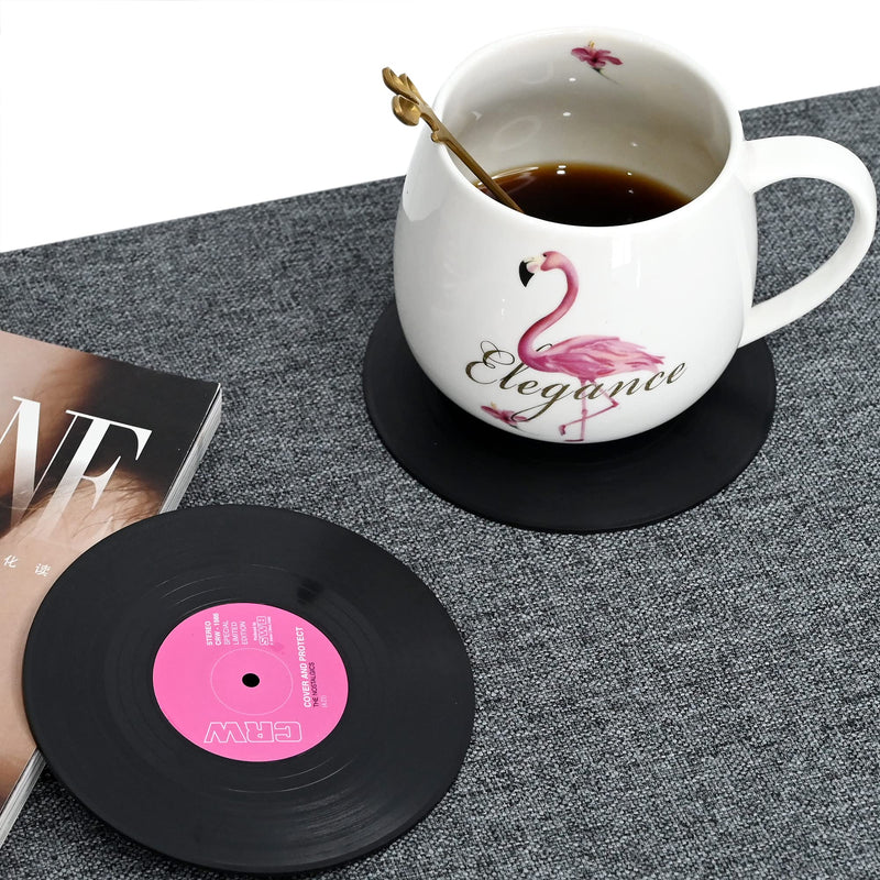 Drink Coasters Set of 6 Cup Pad Retro CD Record Mug Mat with Non-slip Tabletop Protection for Glasses Espresso/Coffee/Tea/Milk/Beer/Wine Glass Cup Home café Bar & Bistro Round 10.5cm