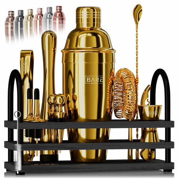 BARE BARREL® Cocktail Making Kit | 14-Piece Bartender Kit Cocktail Shaker Set Maker | Display Stand & 35 Recipe Cards | Mixology Cocktail Gift Set (675ml/24oz Cobbler Shaker, Yellow Gold/Black)