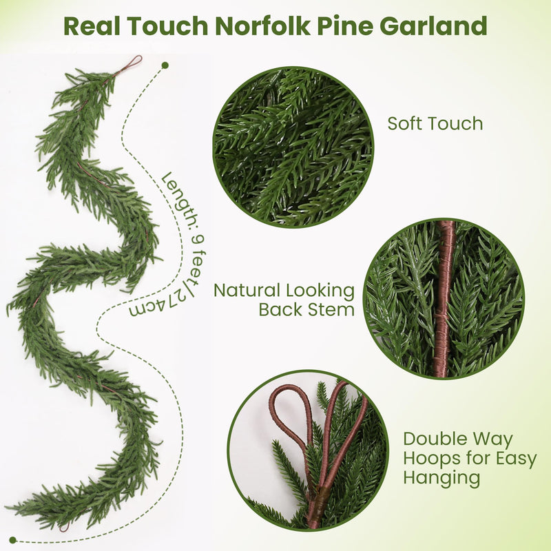 Christmas Garlands - Norfolk Pine Garland for Mantle and Staircase, Real Touch Artificial Faux Greenery Holiday Decor (1Pcs, 9 feet) - Gift Guide