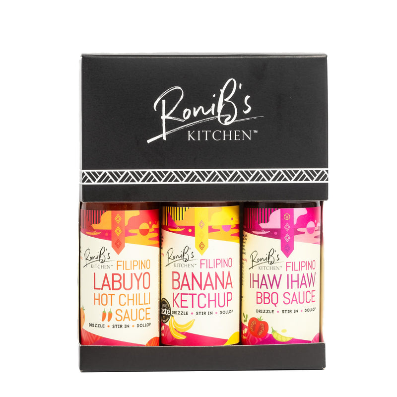 Tropical Sauces Gift Box from RoniB’s Kitchen 150ml - 3 x Filipino Style Vegan Sauces - Banana Ketchup, Ihaw Ihaw BBQ Sauce & Labuyo Hot Chilli Sauce - Gift Guide