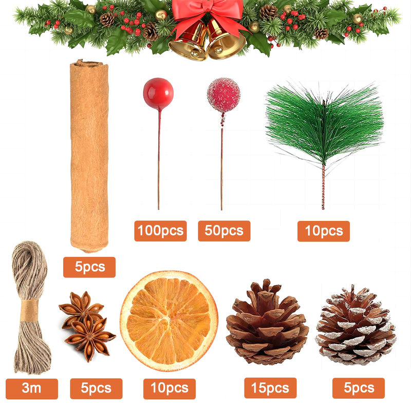 Christmas Wreath Making Supplies, 200 Pine Cones Pine Branches Set, Dried Orange Slices and Cinnamon Sticks, Star Anise, Pinecone Berries Garland Making kit for Xmas Tree Decor Fall Winter Crafts - Gift Guide