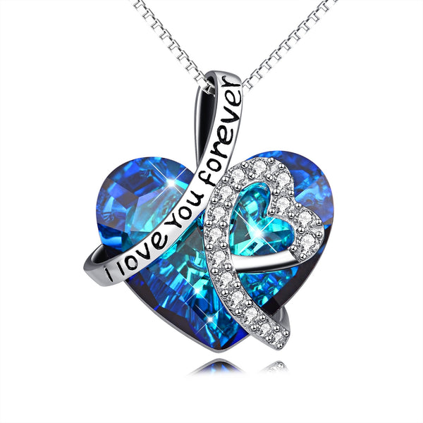 Sterling Silver I Love You Forever Heart Pendant Necklace with Birthstone Crystals, Mothers Day Wedding Anniversary Jewellery Gifts for Her Women Wife Mum Girlfriend (Blue)