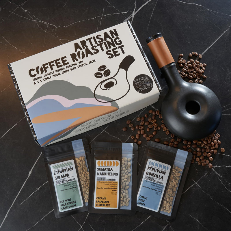 Roast Your Own Coffee Gift Set for Coffee Lovers - includes artisan Roasting Pan Green Coffee Beans How to Guide Light Medium Dark Level - Gift Guide